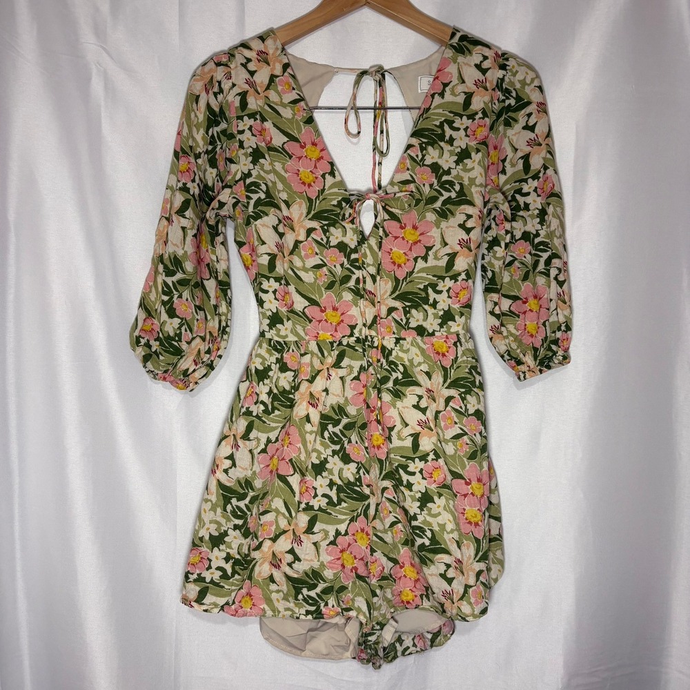 Sage The Label Floral Open Back Romper‎ Pink Green V-Neck Puff Sleeve Small